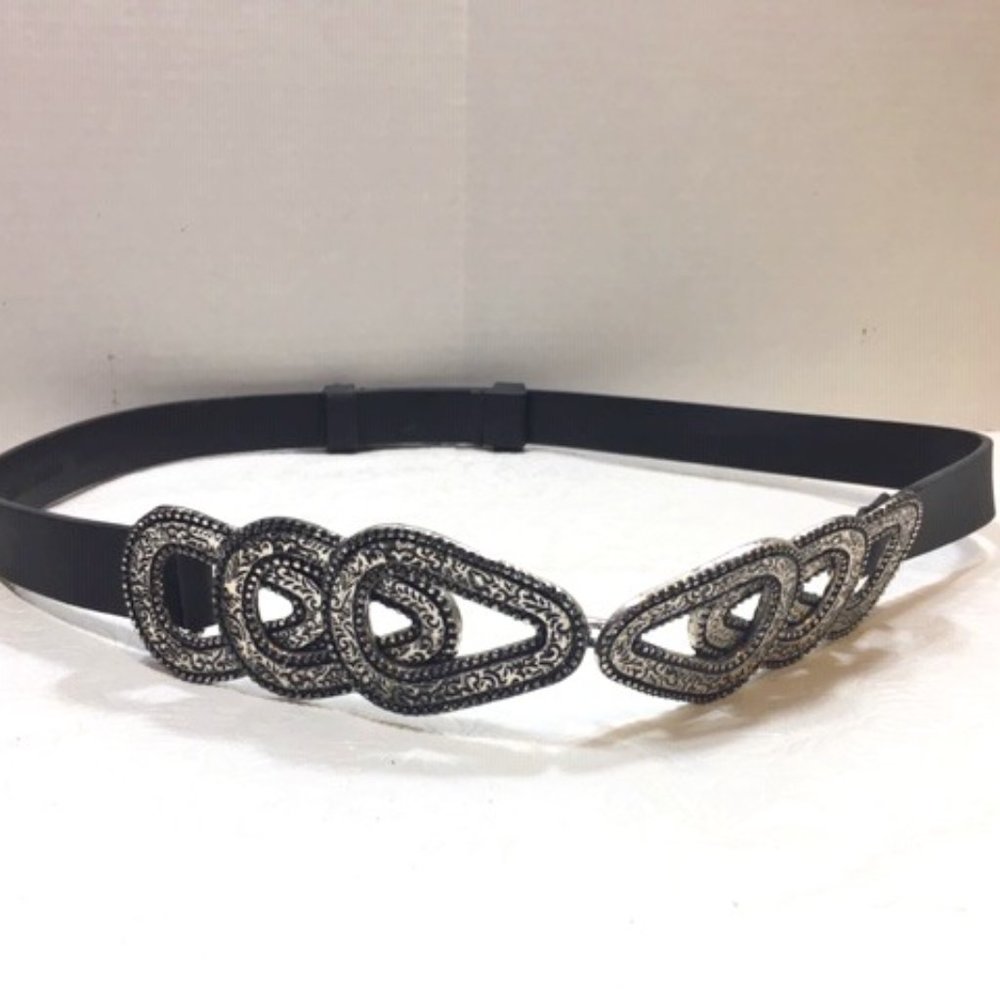 Chico's Black Genuine Leather Fashion Adjustable Silver Buckle Belt Size S/M